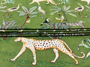 5 Yard Hand Block Green Animal Print Fabric Natural Handmade Cotton Indian Craft - Picture 1 of 12