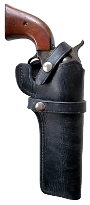 Vintage Black Leather Revolver Holster .22-.45 Caliber up to 5" Barrel Snap-Off - Image 1 of 4