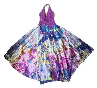 Jovani halter gown with lace bodice, vibrant skirt, and a bustle for the train - Image 1 of 4