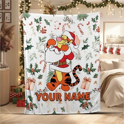 Personalized Santa Tigger Winnie The Pooh Merry Christmas Holiday Gift Blanket - Image 1 of 4