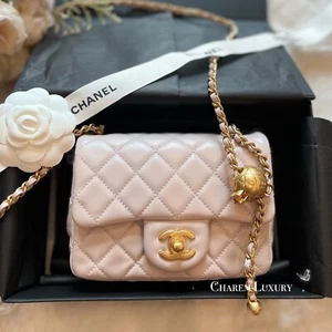 NWT 21B CHANEL ๐ Purple Mini Square Pearl Crush Gold Ball Flap Bag GHW Receipt - Picture 1 of 8