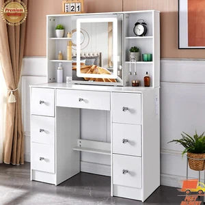 Makeup Vanity Desk Set Dressing Table LED Mirror Drawers Power Outlets Stool NEW - Picture 1 of 16