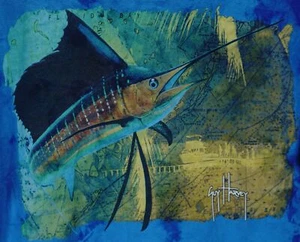 GUY HARVEY GULF STREAM WASH T SHIRT TEE BLUE MARLIN FISH MENS SIZE L - Picture 1 of 5