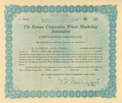 1930 Kansas Coop Wheat Marketing Assc investment certificate B F Latshaw. Coats - Image 1 of 4