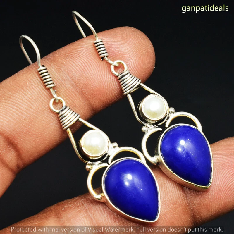 Pendientes colgantes étnicos hechos a mano de piedras preciosas de ónix azul joyería 8 GM GE-6383 Foto 1 de 1