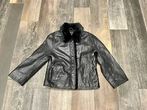 Gap Kids Girls Size Small 5-6 Black 100% Goat Leather & Faux Fur Collar Jacket - Picture 1 of 9