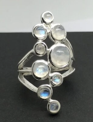 Rainbow moonstone long ring solid Sterling Silver round size N multistone  - Image 1 of 4