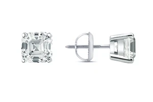 2 Ct Asscher Cut Created Diamond Earrings Stud Real 14K White Gold Basket Push - Picture 1 of 3