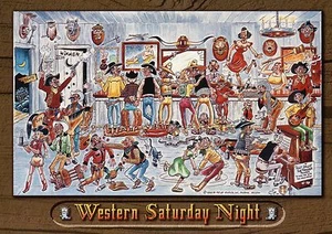 Western Saturday Night, Cowboy Bar in Wild West, Funny Comic Cartoon -- Postcard - Picture 1 of 2