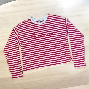 Forever 21 Junior Woman Long Sleeve Crop Top Size M “Sundaze” Red White Stripe - Picture 1 of 9
