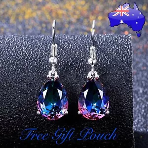 Blue Purple Rainbow Iridescent Teardrop Water Drop Crystal Dangle Hook Earrings - Picture 1 of 6