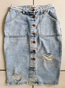Denin Co Blue Stonewash Denim Midi Skirt UK 10 Button Knee Length Distressed - Picture 1 of 9