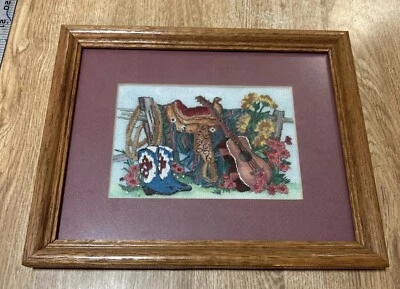 Western Crosstitch Needlepoint Saddle Blanket Boots Guitar Wood Frame 9”x11” - Image 1 of 4