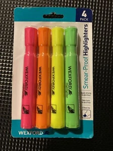 Wexford Smear-Proof Chisel Tip Highlighters 4 Each Green Yllw Org Pink New - Picture 1 of 1