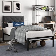 Amolife Twin Size Metal Bed Frame with Upholstered Headboard, Dark Grey 67 