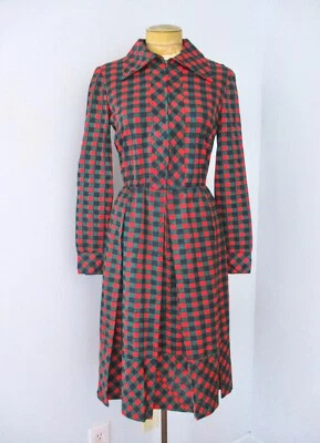 De Colección Años 50 60 Anjac Rojo Verde Cuadros Poli Tejido Cremallera Frontal Cintura Camisa Columpio Vestido S/M Foto 1 de 4