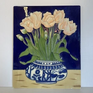 "Florero oriental azul cobalto blanco flores rosas decoración azulejo colgante grande 13"" x 16""" - Imagen 1 de 16