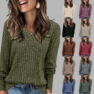 Womens V Neck Knit Tops Jumper Long Sleeve Casual Loose T Shirt Blouse Pullover - Picture 1 of 24