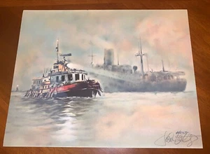 Impresión litográfica marítima firmada a mano por John Kelly "El remolcador" 11” X 13-3/4” - Imagen 1 de 6