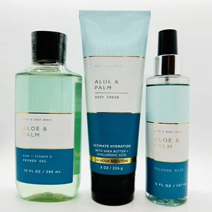 NEW! 3 PCS BATH & BODY WORKS ALOE & PALM SHOWER GEL, BODY CREAM & COLOGNE MIST - Picture 1 of 3