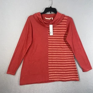 Weiche Umrandung Damen Tunika groß pfirsichrot gestreift Wasserfallausschnitt Tasche Baumwolle - Bild 1 von 12