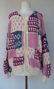 Vintage Hand Made Craft Knitted Wool Cardigan size XL - XXL PInk Blue Beige - Picture 1 of 11
