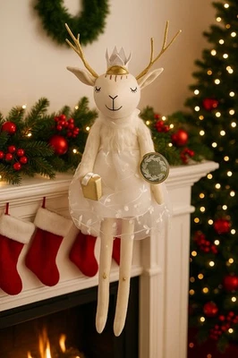 Tinsel & Fir White Reindeer Plush Doll Princess Gold Antlers Holiday Decor 26” - Image 1 of 4