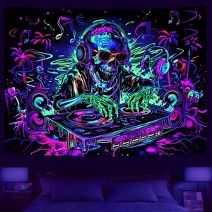 Blacklight Skull Tapestry Skeleton Tapestries Funny Music UV Reactive Tapestry - Picture 1 of 7