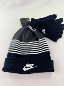 NIKE Cappello e Guanti Berretto a Righe Nero e Grigio Ragazzi Giovanili Maglia Set Regalo Taglia Unica - Foto 1 di 7