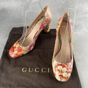 GUCCI GG BLOOMS Floral Leather Pumps size 37.5 Pink Block Heel Round Toe - Picture 1 of 24