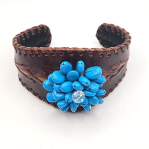 Hand-Crafted Flexible Adjustable Leather Cuff Bracelet with Blue Howlite Cluster - Picture 1 of 6