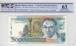 BRAZIL SPECIMEN 5000 CRUZADOS UNC BANKNOTE 1988  P-214s  PCGS GRADING UNC63 - Picture 1 of 2