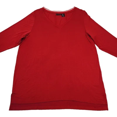 Tahari Shirt Top Knit Plus Size 1X Red 3/4 Sleeve Rayon Stretch Mesh Trim V-Neck - Image 1 of 4