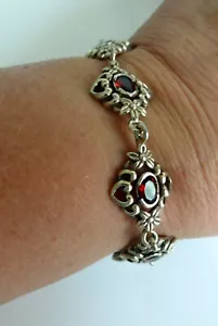 Pulsera de Colección Eslabón de Tenis Floral Plata Esterlina Granate Fino Corazones - Imagen 1 de 10