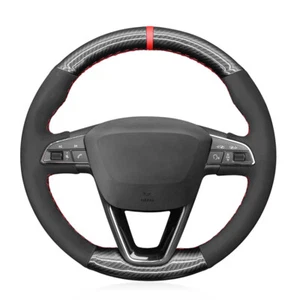 Black Suede Carbon Fiber Car Steering Wheel Cover for Seat Leon 5F Mk3 Tarraco - Picture 1 of 15