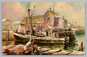 Postcard Seascape Watercolor James Murray Couple at Wharf Fishing Boat Posted - Picture 1 of 2