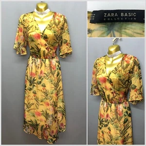 Zara Basic Collection Yellow Floral Chiffon Sheer Tropical Dress Medium - Picture 1 of 13