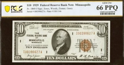 1929 $10 National PCGS 66EPQ Federal Reserve Bank Note Minneapolis Fr 1860-I - Image 1 of 3