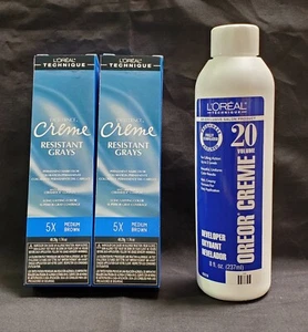 L'OREAL Resistant Grays 5X Medium Brown 1.74 oz (2Pack) with 8oz 20 Volume Oreor - Picture 1 of 3