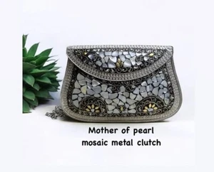 Handmade Metal Mosaic Clutch Handbag Mother of Pearl MOP - Picture 1 of 3
