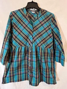 American Sweetheart Women’s Medium Teal Plaid Long Sleeved Blouse - Picture 1 of 8