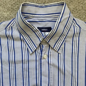 Vintage Y2K Versace Versus Size 36 50 Blue Stripe Button Front Shirt Made Italy - Picture 1 of 10