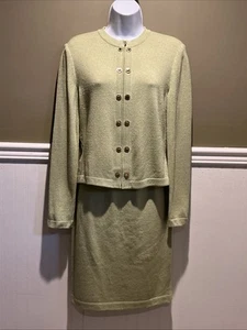 Vtg St John 2pc Skirt Suit Green Santana Knit, Gold Button Front Jacket Size 2 - Picture 1 of 20