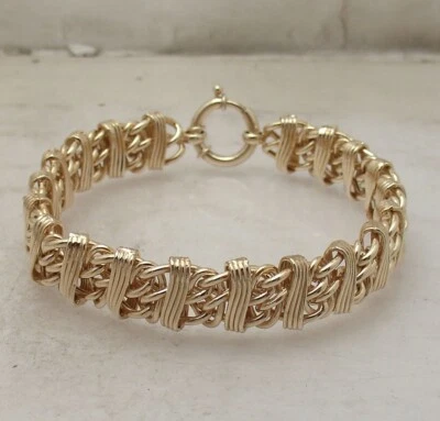 Brazalete de eslabones ferroviarios Technibond de doble bordillo de 8" enchapado en oro amarillo de 14K plateado Foto 1 de 4