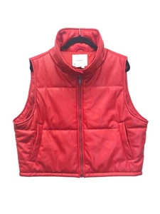 Anthropologie Puffer Vest Women’s Size L Red Faux Leather Full Zip Pockets - NEW - Picture 1 of 8