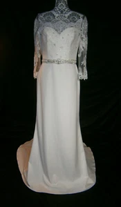 Le Papillon by Modeca 10 Wedding Dress Ivory Satin Column Illusion Bling Sleeves - Picture 1 of 12