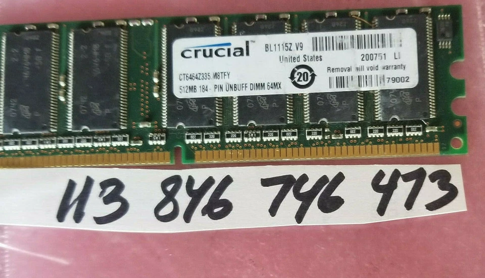 512MB PC RAM DDR1 333 PC2700 DDR 333 184PIN NON-ECC CL2.5  SINGLE RANK 1RX8 32X8 - Image 1 of 1