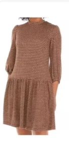 52 Seven Brown Geometric Hacci Sweater Dress Women's Sz L  Drop Waist Midi - Picture 1 of 19