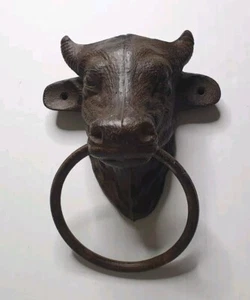 Large Cast Iron Bulls Head Door Brown Knocker 7”x6” Heavy With Ring - Picture 1 of 10