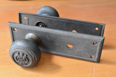 Pair OHIO Savings Bank & Trust Building Door Knobs Plates Dayton Sargent Rare  - Image 1 of 4